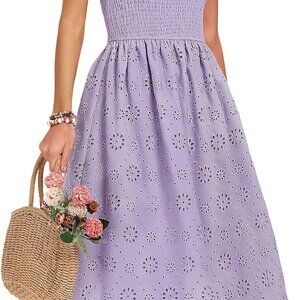 Women's Summer Strapless Smocked Eyelet Dress Casual Beach Wedding Midi